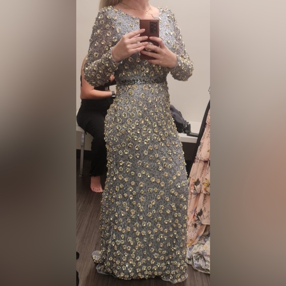 Mac Duggal Silver and Gold Embellished Long Sleeve Dress